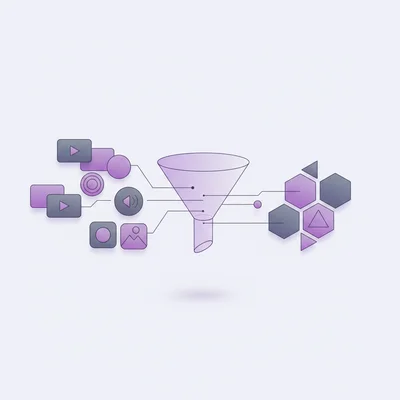 Abstract illustration of media format conversion — various file types flowing into a unified output